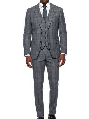 Grey Windowpane Plaid Peak Lapel 3 Piece Stacy Adams Men's Suit